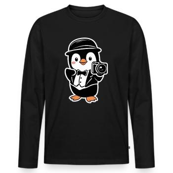 Eleganter Pinguin mit Kamera - Männer Premium Bio Langarmshirt - Schwarz - Vorne - Nico (187cm)