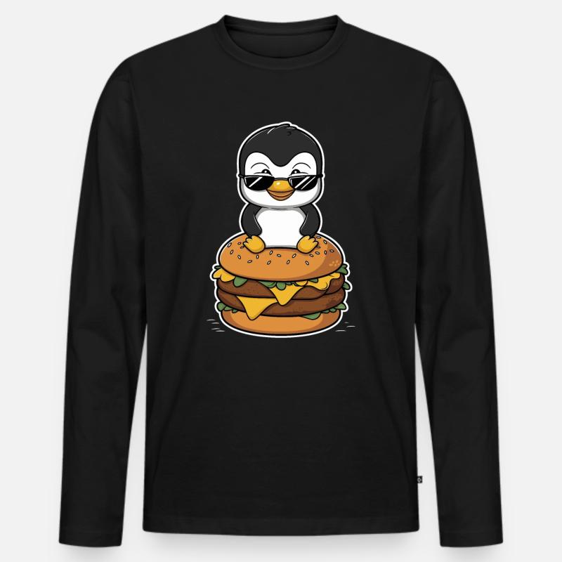 Cooler Pinguin Mit Burger - Männer Premium Bio Langarmshirt - Schwarz