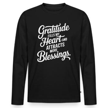 Citation sur la manifestation de l’abondance : La gratitude remplit - T-shirt manches longues Premium bio Homme - noir - Devant - Nico (187cm)
