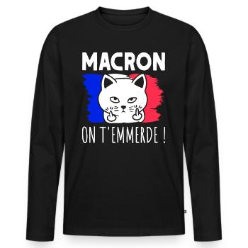 Macron On T'Emmerde ! Chat Chaton Humour - T-shirt manches longues Premium bio Homme - noir - Devant - Nico (187cm)