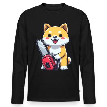 Cute Shiba Inu with Chainsaw – Funny Cartoon Dog - Men's Premium Organic Long Sleeve Shirt - black - Front - Nico (187cm)
