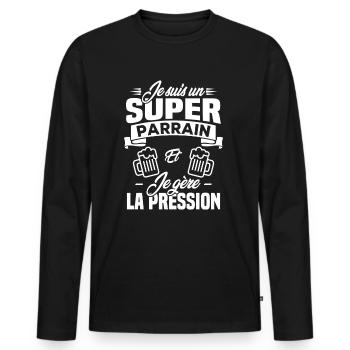 Je suis un super parrain, Humour cadeau parrain - T-shirt manches longues Premium bio Homme - noir - Devant - Nico (187cm)