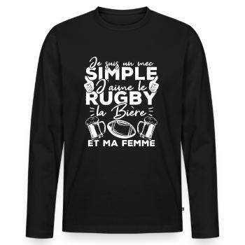 Mec simple j aime le rugby la bière et ma femme - T-shirt manches longues Premium bio Homme - noir - Devant - Nico (187cm)
