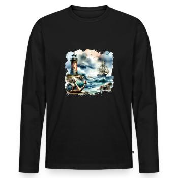 Nautisches Motiv Retro Anker Leuchtturm Schiff - Männer Premium Bio Langarmshirt - Schwarz - Vorne - Nico (187cm)