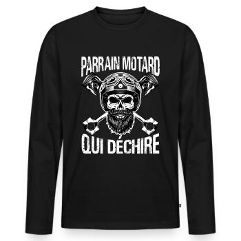 Parrain motard qui déchire annonce baptème cadeau - T-shirt manches longues Premium bio Homme - noir - Devant - Nico (187cm)