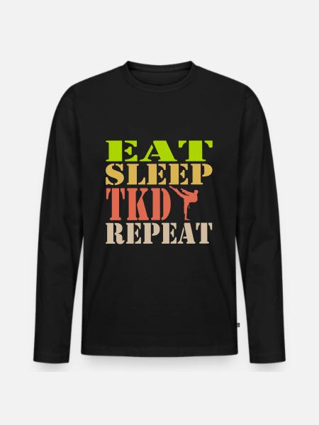 Taekwondo TKD Retro-stijl - Eet slaap herhalen - Mannen Premium Bio shirt met lange mouwen - zwart