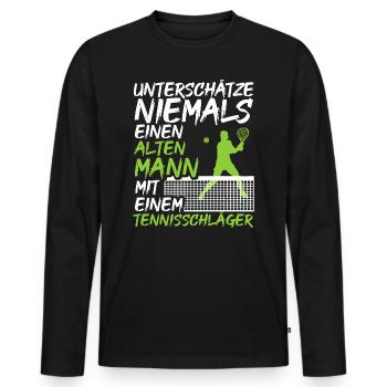 Alter Mann mit einem Tennisschläger | Tennis Shirt - Männer Premium Bio Langarmshirt - Schwarz - Vorne - Nico (187cm)
