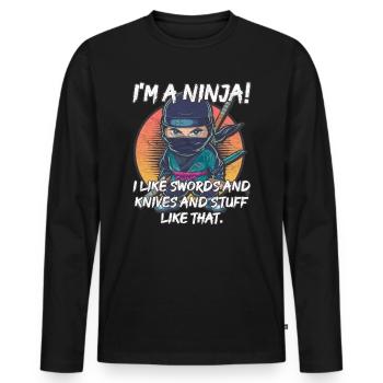 Je suis un ninja ! J’aime les épées, les couteaux et tout ça - T-shirt manches longues Premium bio Homme - noir - Devant - Nico (187cm)