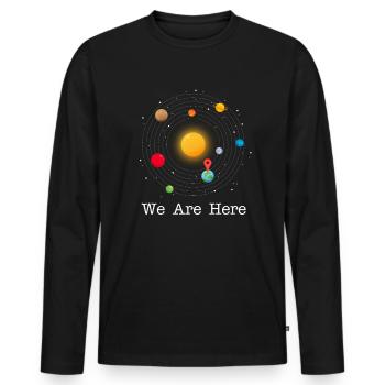 Nous sommes ici Nous sommes ici dans un endroit amusant - T-shirt manches longues Premium bio Homme - noir - Devant - Nico (187cm)