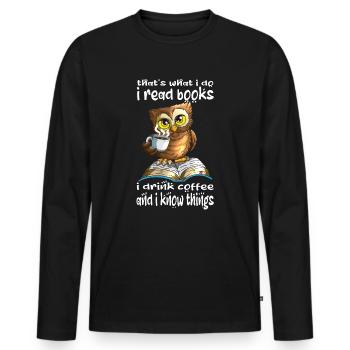 Coffee drinker Owl reads books a lot of knowledge - Men's Premium Organic Long Sleeve Shirt - black - Front - Nico (187cm)