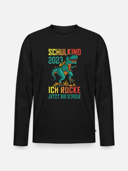 Dino Schulkind 2023 Ich Rocke Jetzt Die Schule - Männer Premium Bio Langarmshirt - Schwarz