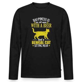Vieil homme avec un chat Bengal à la bière assis près de - T-shirt manches longues Premium bio Homme - noir - Devant - Nico (187cm)