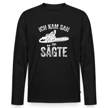Ich kam Sah und Saegte Waldarbeiter Holzfaeller - Männer Premium Bio Langarmshirt - Schwarz - Vorne - Nico (187cm)