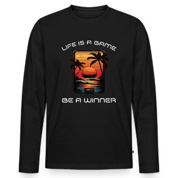 Life is a game, be a winner - Männer Premium Bio Langarmshirt - Schwarz - Vorne - Nico (187cm)