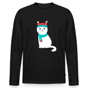 Weihnachten Süß weiße Katze mit Mütze und Schal - Men's Premium Organic Long Sleeve Shirt - black - Front - Nico (187cm)