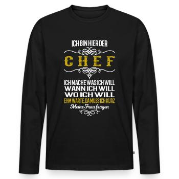 Ich bin der Chef. Da muss ich meine Frau fragen - Männer Premium Bio Langarmshirt - Schwarz - Vorne - Nico (187cm)