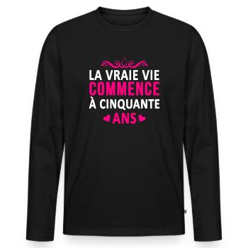real life begins at age 50 - Men's Premium Organic Long Sleeve Shirt - black - Front - Nico (187cm)