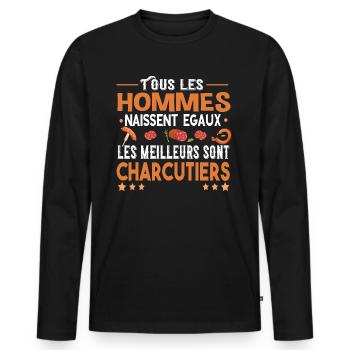 Charcutier homme. Cadeau métier charcuterie. Porc - T-shirt manches longues Premium bio Homme - noir - Devant - Nico (187cm)