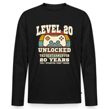 Level 20 unlocked - 20th anniversary - Men's Premium Organic Long Sleeve Shirt - black - Front - Nico (187cm)