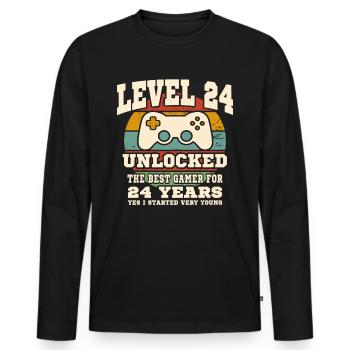 Niveau 24 débloqué - anniversaire 24 ans - T-shirt manches longues Premium bio Homme - noir - Devant - Nico (187cm)