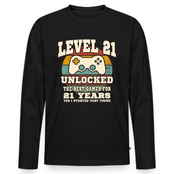 Niveau 21 débloqué - anniversaire 21 ans - T-shirt manches longues Premium bio Homme - noir - Devant - Nico (187cm)