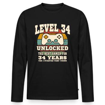 Level 34 unlocked - 34th anniversary - Men's Premium Organic Long Sleeve Shirt - black - Front - Nico (187cm)