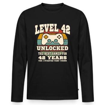 Niveau 42 débloqué - anniversaire 42 ans - T-shirt manches longues Premium bio Homme - noir - Devant - Nico (187cm)