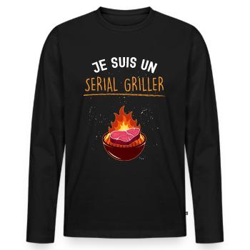 Homme barbecue. Je suis un serial griller - T-shirt manches longues Premium bio Homme - noir - Devant - Nico (187cm)