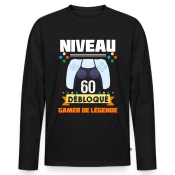 Niveau 60 Débloqué Humour Gamer Jeux Vidéo - T-shirt manches longues Premium bio Homme - noir - Devant - Nico (187cm)