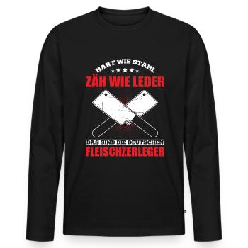 Hart Wie Stahl Zäh Wie Leder Fleischzerleger - Männer Premium Bio Langarmshirt - Schwarz - Vorne - Nico (187cm)