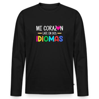 Mi corazon late en dos idiomas, bilingual Spanish - Men's Premium Organic Long Sleeve Shirt - black - Front - Nico (187cm)