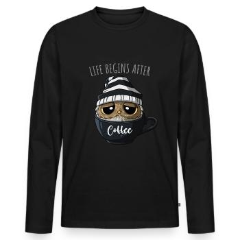Spruch Kaffeeliebhaber Kaffeetrinker Kaffee Eule - Männer Premium Bio Langarmshirt - Schwarz - Vorne - Nico (187cm)