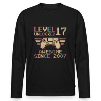 Anniversaire Niveau 17 débloqué - T-shirt manches longues Premium bio Homme - noir - Devant - Nico (187cm)