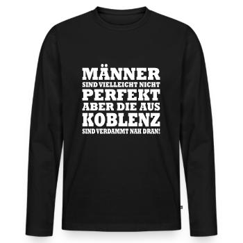 Männer sind nicht perfekt, aber die aus KOBLENZ - Männer Premium Bio Langarmshirt - Schwarz - Vorne - Nico (187cm)