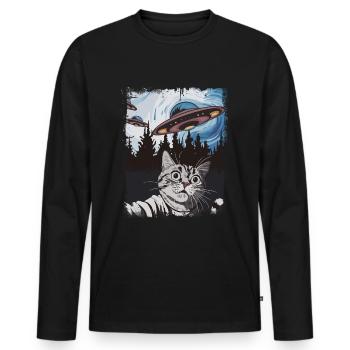 Drôle de chat Selfie OVNI graphique - T-shirt manches longues Premium bio Homme - noir - Devant - Nico (187cm)