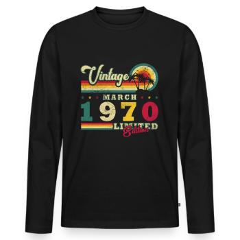 Birthday 1970's Vintage March Retro Gift - Men's Premium Organic Long Sleeve Shirt - black - Front - Nico (187cm)