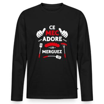 Ce mec adore les merguez - T-shirt manches longues Premium bio Homme - noir - Devant - Nico (187cm)