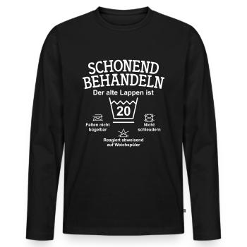 Schonend Behandeln Der alte Lappen ist 20 Jahre - Männer Premium Bio Langarmshirt - Schwarz - Vorne - Nico (187cm)