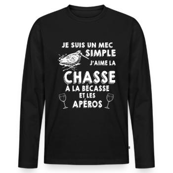 Mec Simple Aime La Chasse A La Bécasse Et L'apéro - T-shirt manches longues Premium bio Homme - noir - Devant - Nico (187cm)