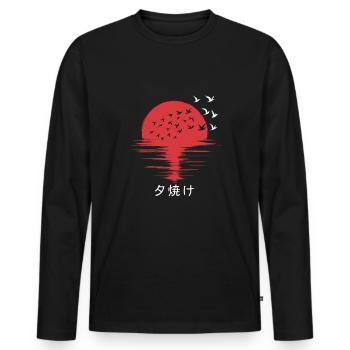 Silhouette d’oiseaux japonais au coucher du soleil - T-shirt manches longues Premium bio Homme - noir - Devant - Nico (187cm)