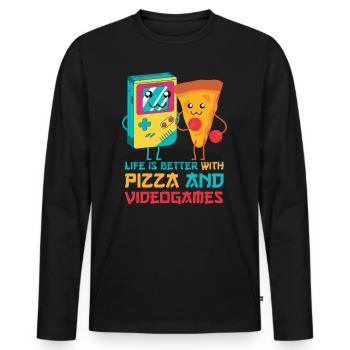 Pizza et jeux vidéo Kawaii - T-shirt manches longues Premium bio Homme - noir - Devant - Nico (187cm)
