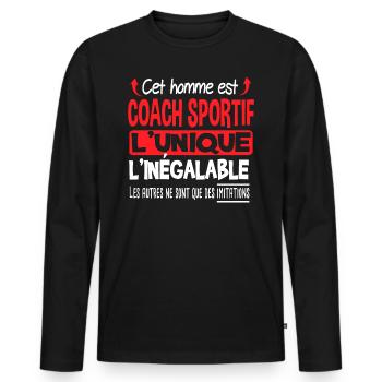Coach sportif homme viril. Cadeau sport unique - T-shirt manches longues Premium bio Homme - noir - Devant - Nico (187cm)
