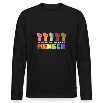 Am Ende des Tages sind wir Mensch - Männer Premium Bio Langarmshirt - Schwarz - Vorne - Nico (187cm)