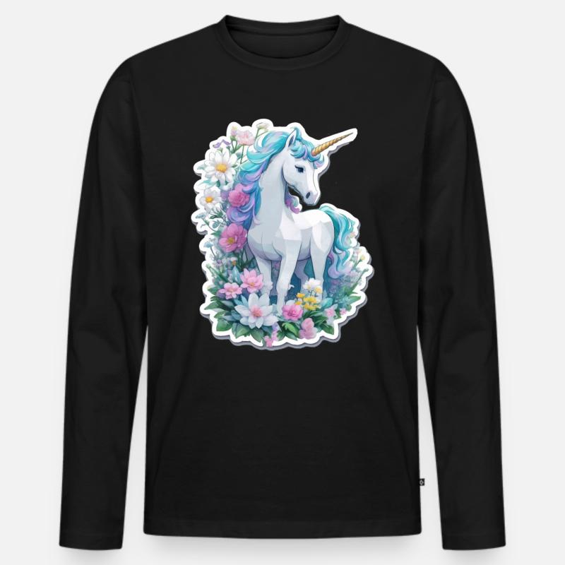Einhorn im Blumengarten - Männer Premium Bio Langarmshirt - Schwarz