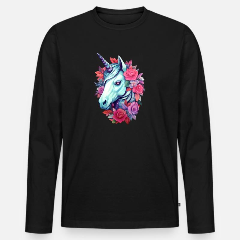 Einhorn Blumen-Ästhetik - Männer Premium Bio Langarmshirt - Schwarz
