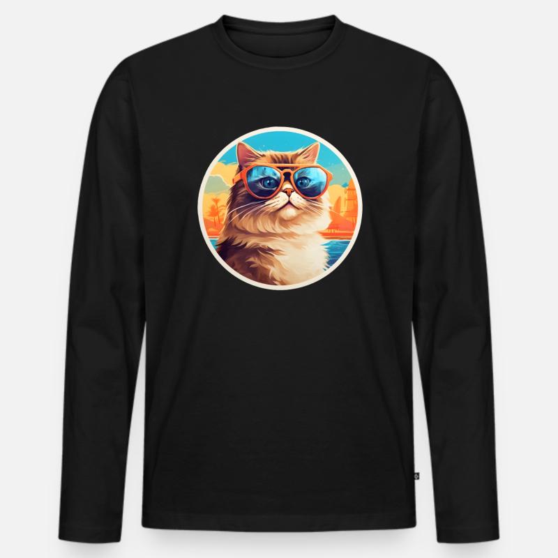 Katze mit Sonnenbrille - Männer Premium Bio Langarmshirt - Schwarz