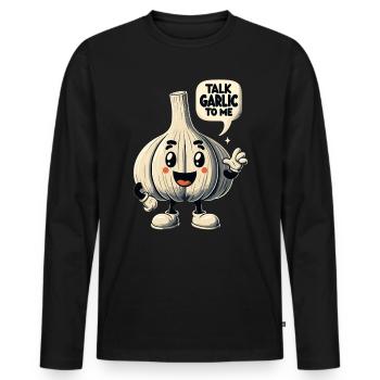 Amoureux de l’ail Jeu de mots sur l’ail Parlez-moi de l’ail - T-shirt manches longues Premium bio Homme - noir - Devant - Nico (187cm)