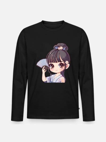 Anime Mädchen mit Fächer - Männer Premium Bio Langarmshirt - Schwarz