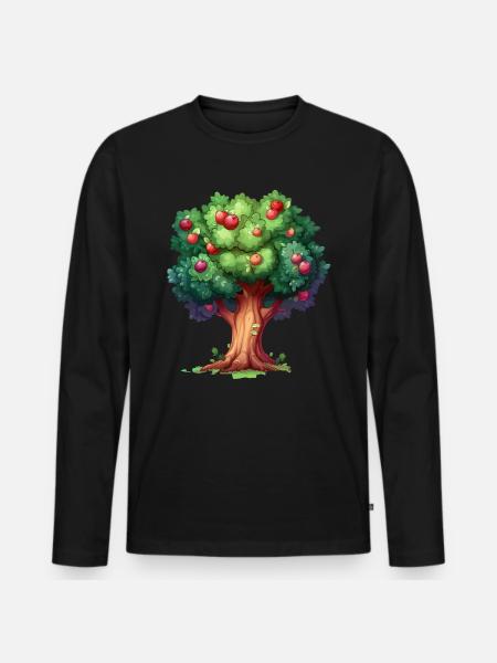 Färgrikt äppelträd i tecknad filmstil - Ekologisk långärmad premium-T-shirt herr - svart