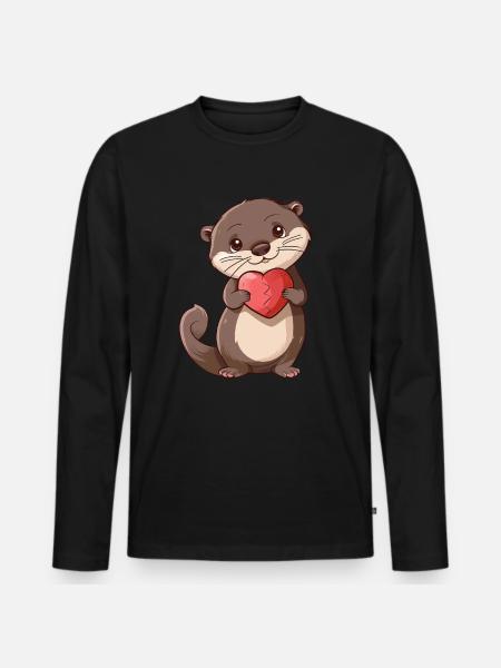Adorable Otter Holding Heart Cute Animal Design - Männer Premium Bio Langarmshirt - Schwarz
